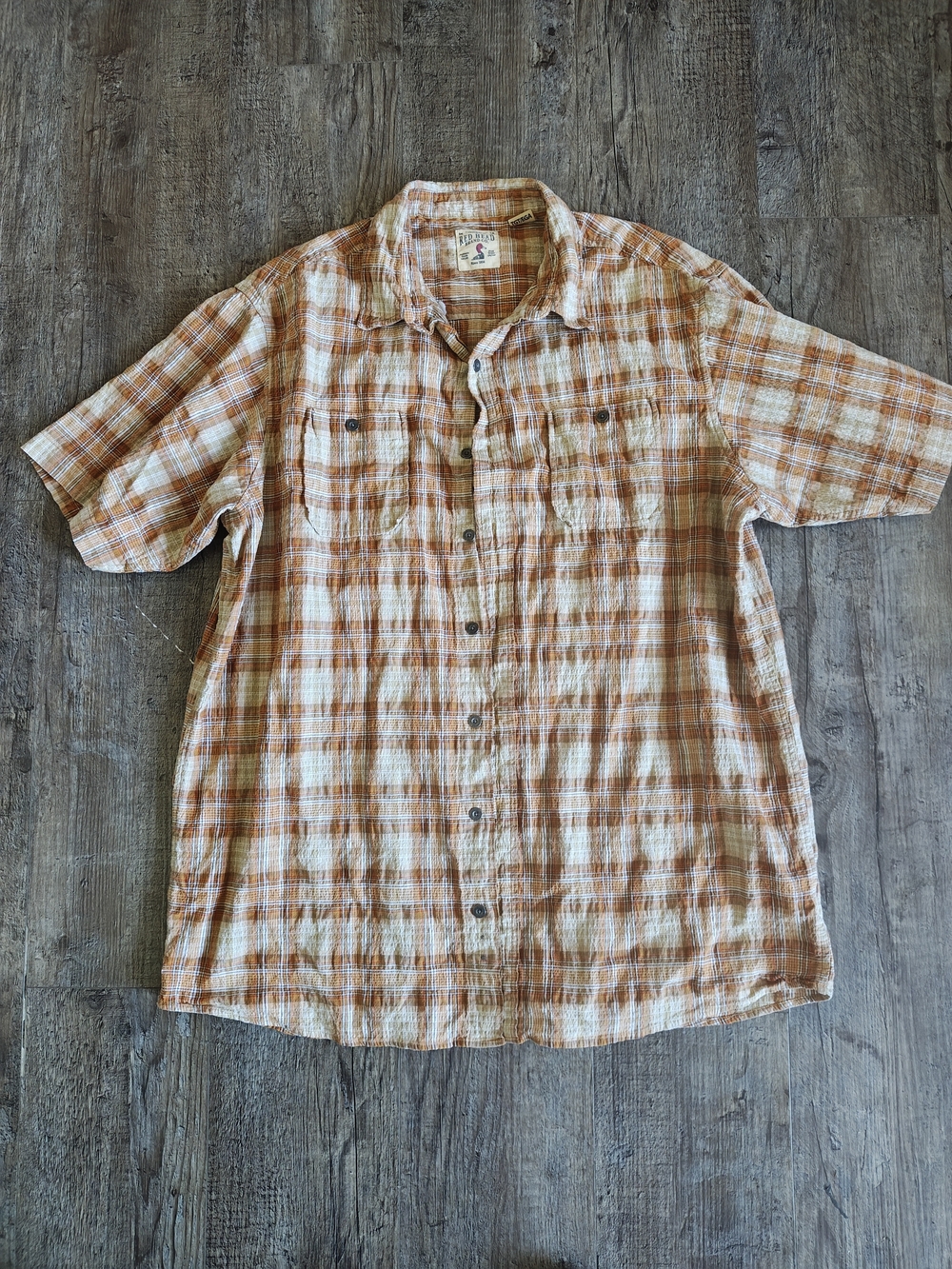 Red Head Brand Orange and White Plaid Short-Sleeve Button-Down Shirt